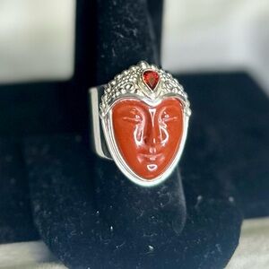 SAJEN Large Sterling Silver GODDESS RING Red Jasper & Garnet Size 8 Adjustable